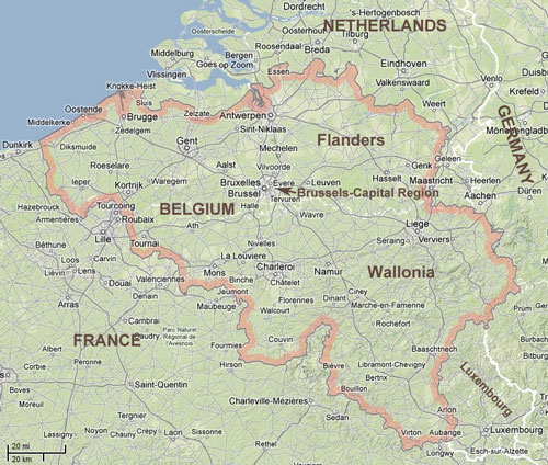 Map of the Belgium showing
				its three major federal regions.