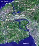 NASA image of the Niagara River between Lakes Erie and Ontario.  Text added to image by me.